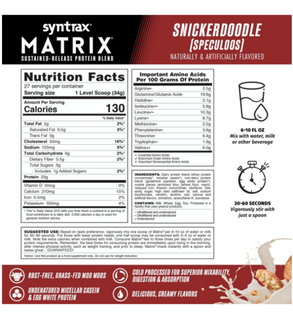 Syntrax Matrix Protein Snickerdoodle (Speculoos) flavor supplement facts.