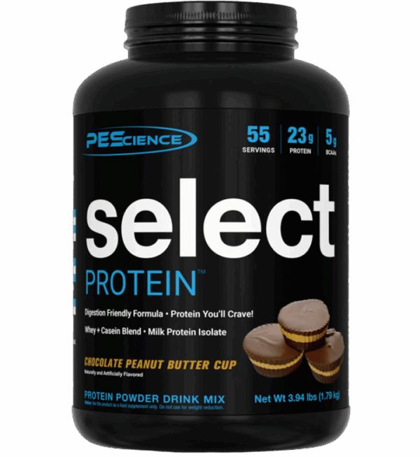 PEScience-Select-Protein-Chocolate-Peanut-Butter-Cup-55-Servings front label.