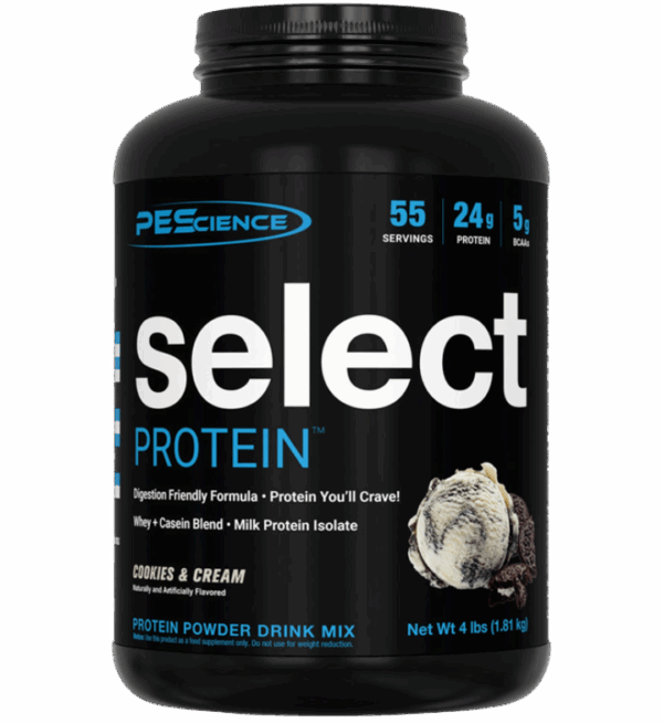 PEScience-Select-Protein-Cookies-and-Creme-55-Servings front label.